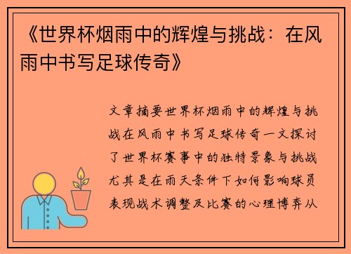 《世界杯烟雨中的辉煌与挑战：在风雨中书写足球传奇》