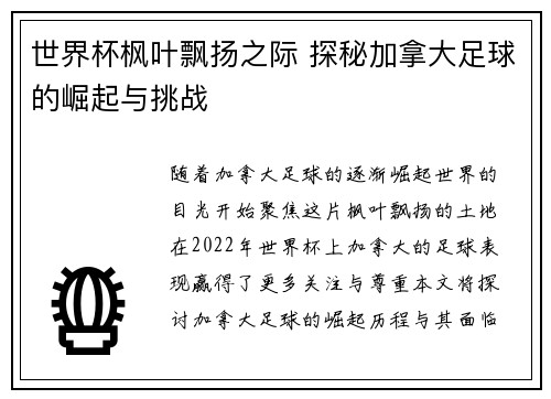 世界杯枫叶飘扬之际 探秘加拿大足球的崛起与挑战
