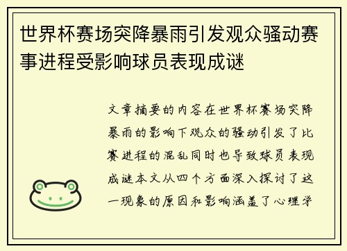 世界杯赛场突降暴雨引发观众骚动赛事进程受影响球员表现成谜